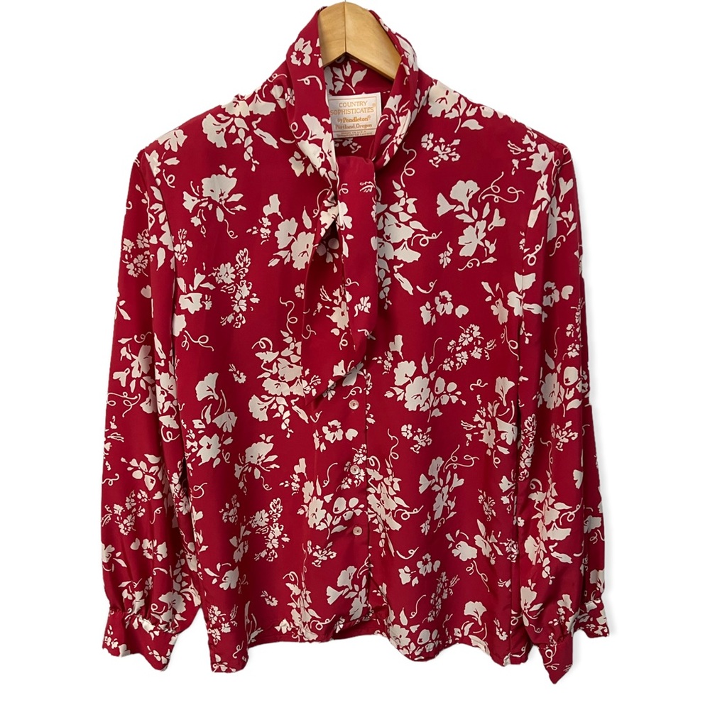 Pendleton Country Sophisticates vintage silky high tie neck w/ floral print #G11
